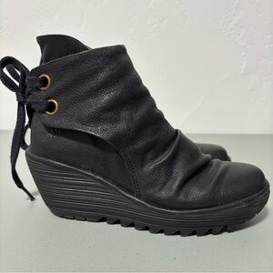 Fly London YAMA Women's Ankle Booties Wedge Black Leather 39 EU/ 8-8.5 US Tie